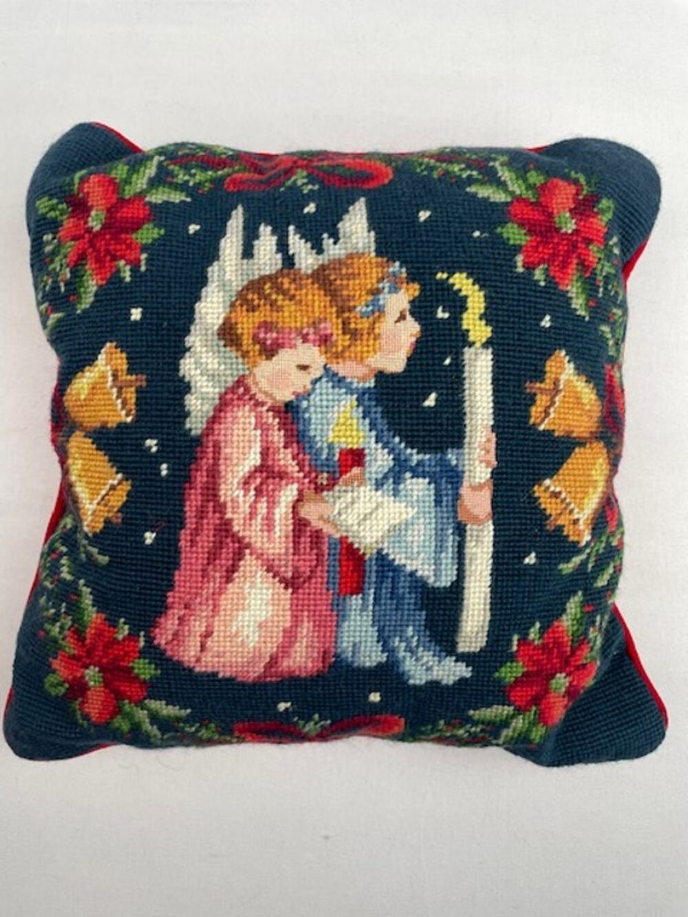 Vintage Christmas Needlepoint Pillow Angels Candle Bells Red Velvet 14"
